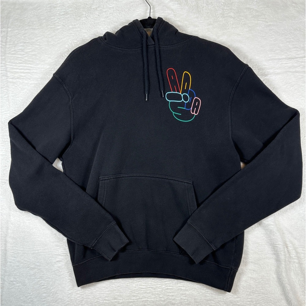 Adidas Peace Sign Hoodie Mens M Black Neon Graphic Trefoil Pullover